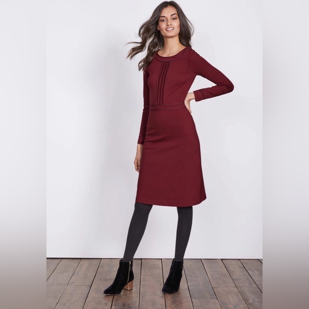 Boden Red Pleated A-Line Dress with Cuffed Long Sleeves